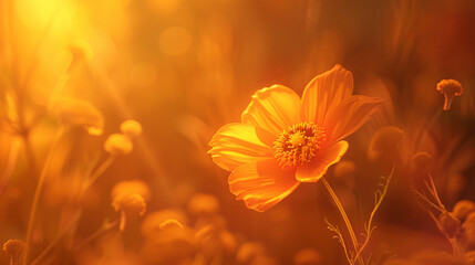 Wall Mural - A bright orange marigold glowing in the golden hour light, with a smooth, blurred background of a rustic garden.