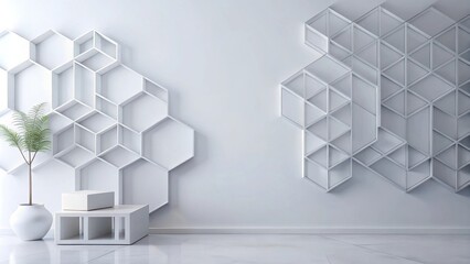 Poster - Modern Minimalist Interior Design with Geometric White Shelves and Plant