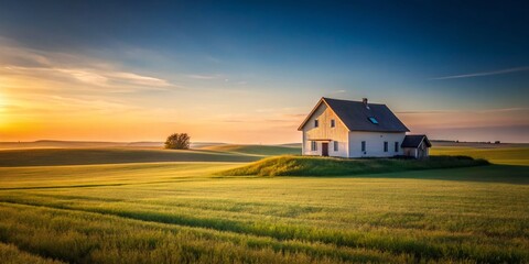 Wall Mural - Minimalist Rural Village Scene: Simple Farmhouse and Field