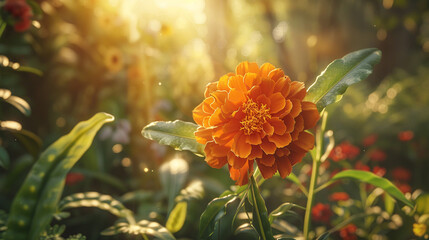 Wall Mural - A bright orange marigold glowing in the golden hour light, with a smooth, blurred background of a rustic garden.