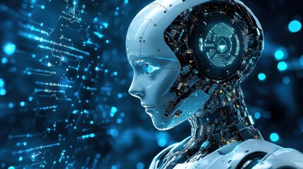 Futuristic robot girl processing data, digital background, AI concept