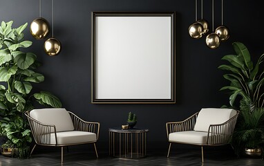 Wall Mural - Elegant lounge, gold accents, dark walls, plants. Mockup for interior design