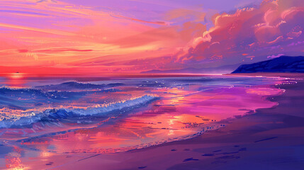 Wall Mural - A calm beach at dusk with soft waves gently lapping at the shore, the sky painted in shades of pink, orange, and purple.