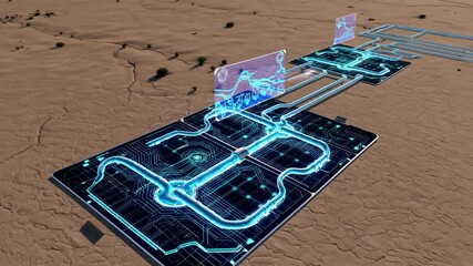Fototapete - Innovative technology used to create digital layout on a dry desert landscape with interactive elements