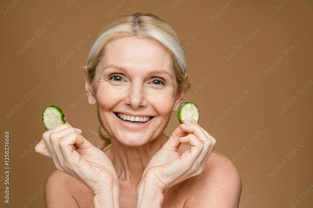 Portrait of mature beautiful naked woman smiling hiding eye behind