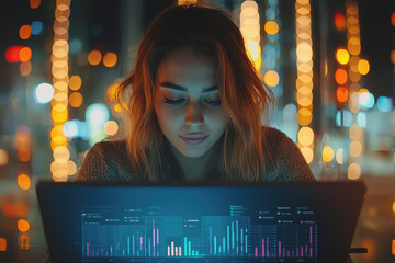 Wall Mural - Woman sitting at desk looking at laptop screen with focused expression in a modern office environment