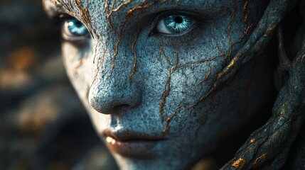 Wall Mural - A woman with blue eyes and a face covered in gold and silver