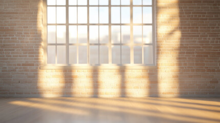Poster - Sunlight streaming through large grid style window onto wooden floor in room with exposed brick walls, creating warm and inviting atmosphere