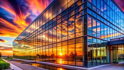 Wall Mural - Modern Architecture Sunset Reflection - Glass Building Exterior Stock Photo