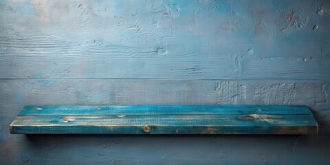 Aufkleber - Rustic teal wooden shelf against a weathered blue plank backdrop, perfect for product display or design composition.