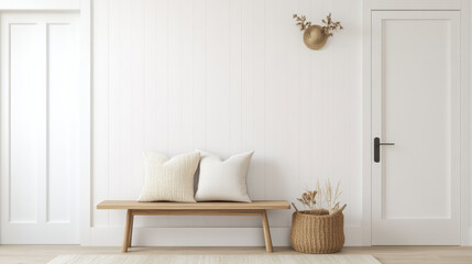 Poster - Minimalist interior with wooden bench, white cushions, woven basket, and wall decor in bright, neutral toned room