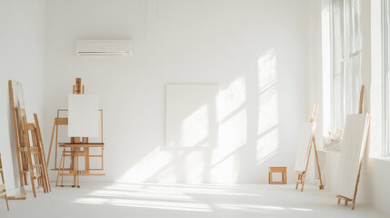 Poster - bright, minimalist art studio with wooden easels, blank canvases, and wall mounted air conditioner, bathed in natural sunlight