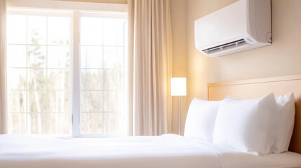 Aufkleber - cozy bedroom with wall mounted air conditioner, white bedding, and natural light from large windows creates serene atmosphere