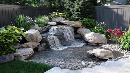 Wall Mural - Backyard waterfall garden oasis, serene landscape design, peaceful setting