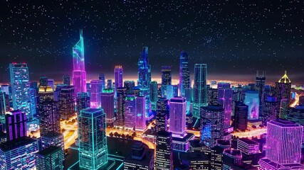 Poster - Vibrant neon cityscape showcases futuristic skyline in animated digital art