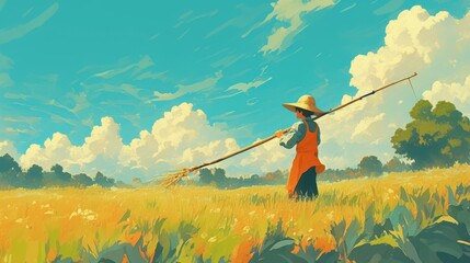 Wall Mural - A farmer walks through a golden field under a bright summer sky