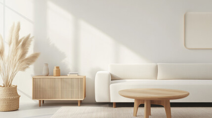 Poster - Minimalist living room with white sofa, wooden coffee table, and sideboard, complemented by pampas grass in basket and soft natural light
