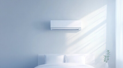 Sticker - modern wall mounted air conditioner installed above bed in bright, minimalist bedroom with soft natural light and small plant in corner