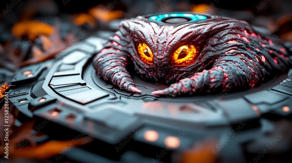 Alien creature on futuristic tech device in leaf-strewn environment ...