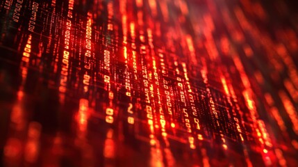 Red digital code streaming, futuristic server room background, cybersecurity risk
