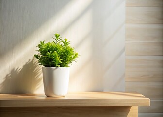 Wall Mural - Modern Minimalist Home Decor: Green Plant on Wooden Shelf, Architectural Photography