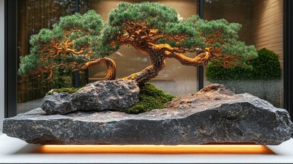 Canvas Print - Bonsai on stone, modern home decor, zen garden display