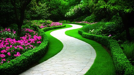 Wall Mural - Winding Stone Path Through Vibrant Green Gardens with Pink Flowers and Lush Greenery Landscape