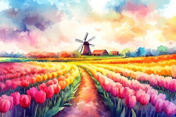 Poster - Colorful watercolor illustration of tulip fields with a windmill in vibrant spring hues and space for text. Generative AI