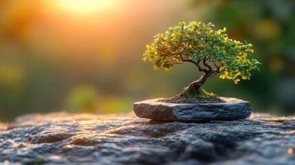 Canvas Print - Bonsai tree on rock, sunrise, garden, zen