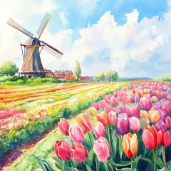 Poster - Discover vibrant tulip fields with a picturesque windmill in a colorful watercolor illustration celebrating spring. Generative AI