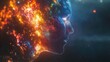 © STwul - Fiery digital head profile, cosmic background, transformation concept, design element