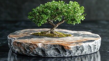 Canvas Print - Bonsai tree on stone pedestal, dark backdrop