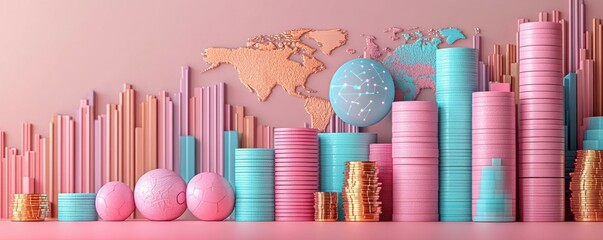 Wall Mural - A vibrant illustration of colorful financial growth, featuring stacks of coins and bars set against a world map background.