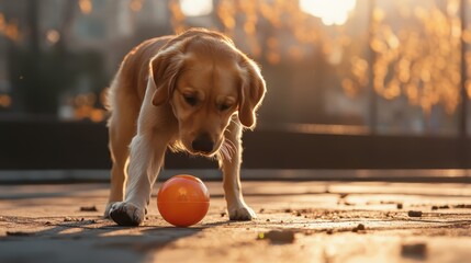 Poster - Golden Retriever Puppy Investigating Orange Ball Outdoors