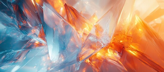 Wall Mural - Glowing crystal shards clash; fiery orange, cool blue; abstract background; website design