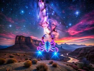 Wall Mural - Neon Scorpio Zodiac Sign Landscape - Vibrant Night Sky & Desert