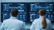 © Nitchalee N. - Electric vehicles and sustainability manufacturing, Two professionals in lab coats analyze data on large screens, showcasing advanced analytics and digital interfaces in a modern workspace.