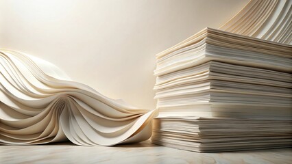 Aufkleber - Abstract Paper Sculptures  Fluid Forms and Stacked Layers of Cream-Colored Sheets