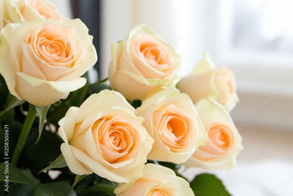 A close-up of soft peach roses arranged in a bouquet. The gentle colors ...