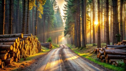 Poster - Sunlit Forest Road with Stacked Logs at Dawn