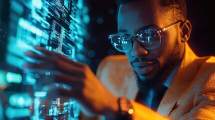 Wall Mural - man analyzing digital data, futuristic office, night
