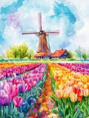Poster - Colorful watercolor illustration of tulip fields and a windmill under a bright blue sky in springtime. Generative AI