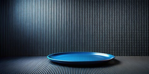 Leinwandbilder - A sleek, dark blue circular platform rests on a textured metallic surface against a patterned backdrop