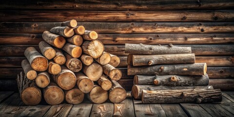 Aufkleber - Rustic wooden logs stacked against a log cabin wall, showcasing natural wood textures and patterns.