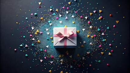 Aufkleber - A Festive Gift Surrounded by Colorful Confetti and Sprinkles