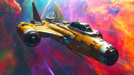 Wall Mural - Yellow spaceship cosmic nebula flight vibrant background game design