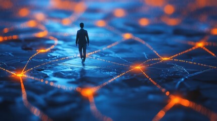 Wall Mural - businessperson walking digital network path, glowing nodes, global connection, future tech