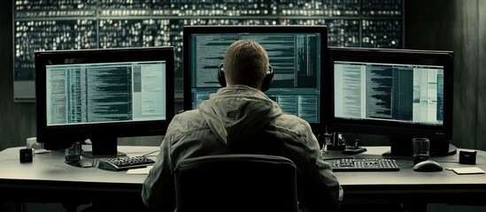 Hacker coding late at night in dark server room