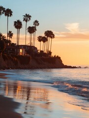 Fototapete - Stunning sunset over coastal cliffs with palm trees reflecting on tranquil waves in a beach setting. Generative AI