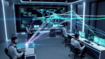 Leinwandbilder - High-tech control room with professionals analyzing data and visualizing information from multiple screens